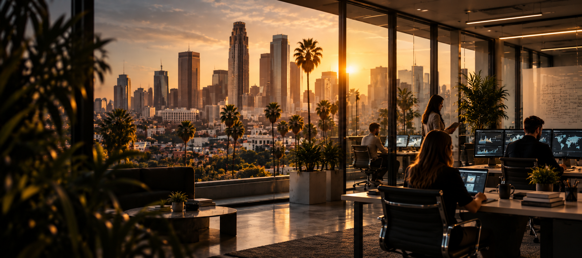 THRYV's Los Angeles workspace overlooking the downtown skyline at sunset
